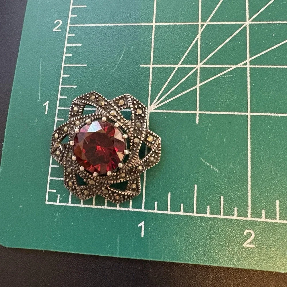 Vintage Sterling Silver Flower Pin Marcasite Red Glass Star Statement